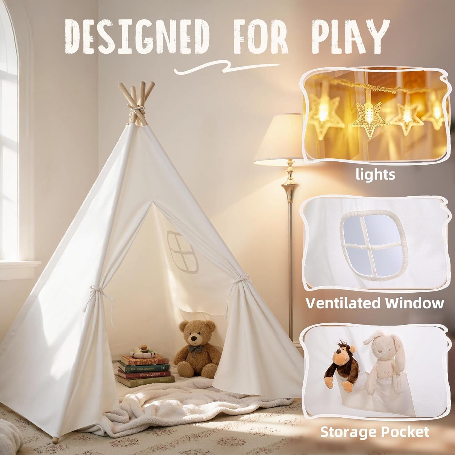 Teepee Tent for Kids with Carry Case, Natural Cotton Canvas Teepee Play Tent, Toys for Girls/Boys Indoor & Outdoor Playing