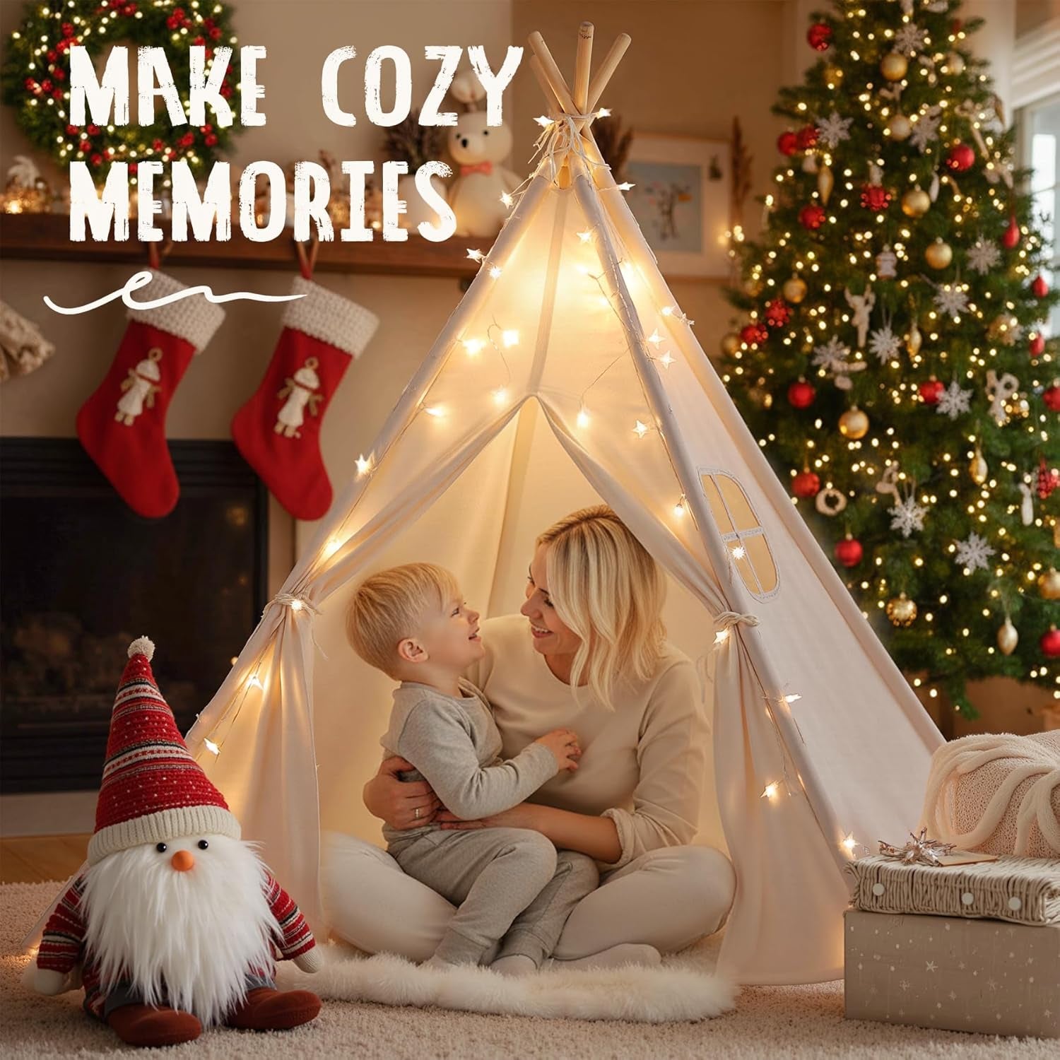 Teepee Tent for Kids with Carry Case, Natural Cotton Canvas Teepee Play Tent, Toys for Girls/Boys Indoor & Outdoor Playing